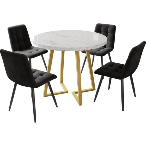 Set da pranzo 5 pezzi tavolo rotondo 80 cm in MDF bianco con gambe oro e 4 sedie in velluto nero (1/5)