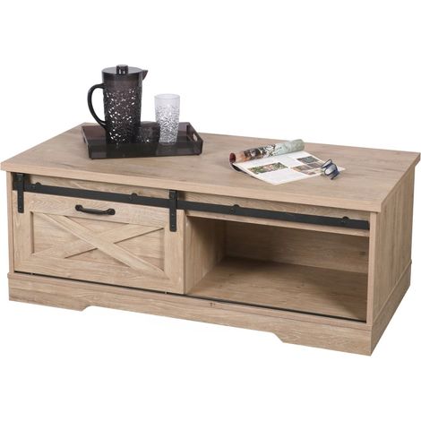 Mesa de centro estilo rústico colección WAYNE - 1 puerta corredera y un nicho, dimensiones 117x59x45 cm