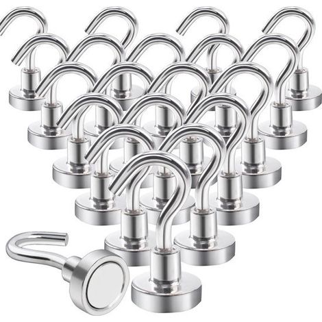 Ganci magnetici extra forti, 10 kg, magneti al neodimio con ganci, 20 pezzi, ganci magnetici non perforanti, per porte in ferro, frigoriferi, cucine, piccoli (1/5)