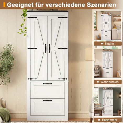 60×30×168cm, Weißer Küchenhochschrank im Landhausstil mit verstellbaren Einlegeböden, 2 Türen und 2 Schubladen (1/5)