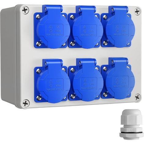 Distributeur d'alimentation mural 6 prises 16A 220V IP54, répartiteur de courant étanche pour usage intérieur et extérieur, idéal pour chantier, atelier et garage (1/5)
