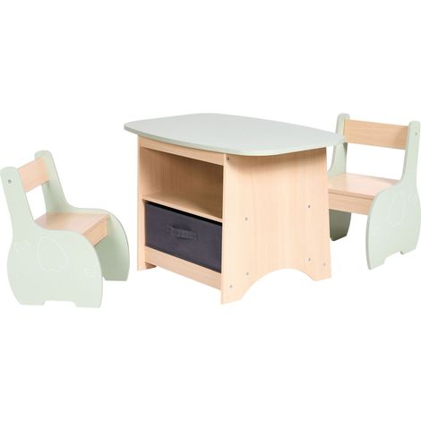 Elegante set per bambini da 2 posti con tavolo e sedie in MDF con contenitore, marrone chiaro e verde Lucas (1/5)