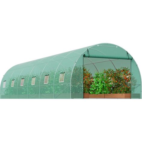 Serre tunnel à planter, 29,2x9,7x6,5 ft, armature en acier galvanisé, bâche PE verte, porte zippée et 12 fenêtres pour jardin extérieur. (1/5)