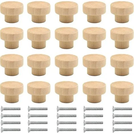 Lot de 20 boutons de meuble en bois - Boutons ronds en bois naturel - Pour armoires, tiroirs, commodes
