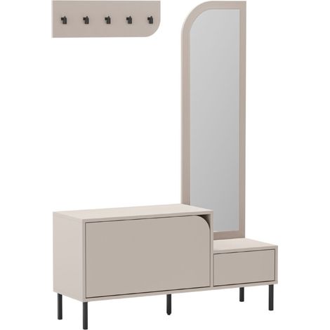 Vestiaire d'entrée avec rangement chaussures en mélaminé beige piètement et patère en métal noir - BELLAMY (1/5)