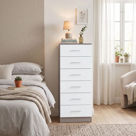 Commode haute à 6 tiroirs avec système anti-basculement, 40 x 40 x 110 cm, gris clair et blanc (1/5)