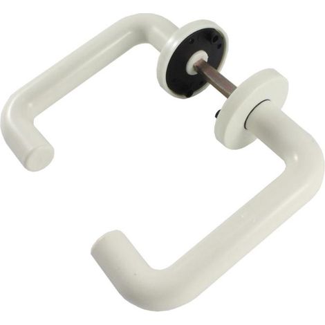 KORMAX manilla poliester blanca con placa , Juego de manillas PVC blancaDiámetro de placa 5 cmManilla 13 cmNo incluye el picaporte.