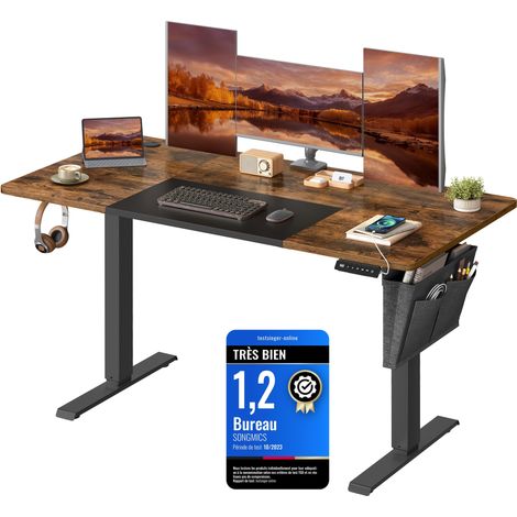 Bureau Électrique Réglable en Hauteur, 140 x 60 cm, Table Assis-Debout, Fonction Mémoire 4 Hauteurs, pour Bureau, Télétravail, Marron Rustique et Noir d'encre (1/5)