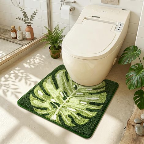 Tapis de toilette en forme de U avec feuille mignonne, tapis de douche doux et absorbant antidérapant, tapis de salle de bain en peluche extra doux, paillasson décoratif floral pour salle de bain, cui (1/5)