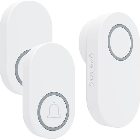 Campanello senza fili impermeabile, portata 300 metri, suoneria wireless con 1 ricevitore + 2 trasmettitori, funzionamento a batteria, 4 livelli di volume, mini campanello per casa, ufficio, hotel (bi (1/4)