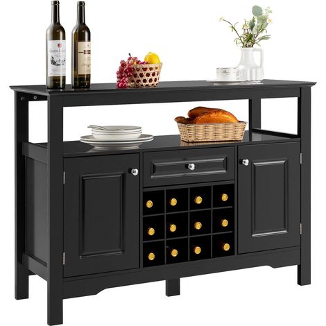 COSTWAY Credenza Moderna con Tanto Spazio, Credenza Cucina con Porta Bottiglie di Vino a Forma Incrociata, Mensola Aperta, 2 Armadietti e Cassetto, 117 x 40,5 x 82,5 cm (Nero) (1/5)