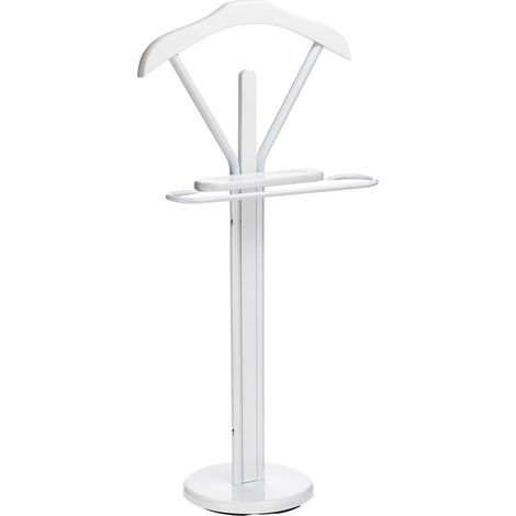 Idimex – Valet de chambre en métal et bois laqué blanc – Support pour pantalon et chemises – Tablette vide-poche – Design moderne élégant