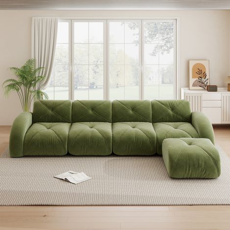 Canapé d’angle 4 places modulable avec pouf, tissu chenille, sans montage, vert (1/5)