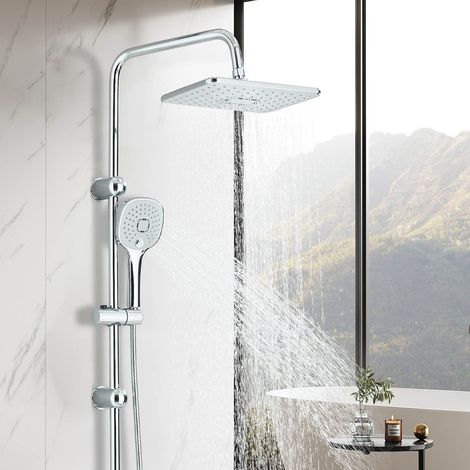 Colonne de douche murale finition chromée brillante hauteur fixe 99cm, ensemble double pommeau pommeau de pluie carré orientable + douchette à main haute pression, mitigeur bain douche (1/4)