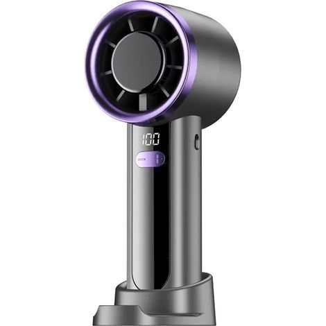Mini ventilateur portable rechargeable, batterie 1200 mAh, 100 réglages de vitesse, refroidissement turbo de 3,7 W, portable avec écran LCD et support de base, noir avec accents violets (1/5)