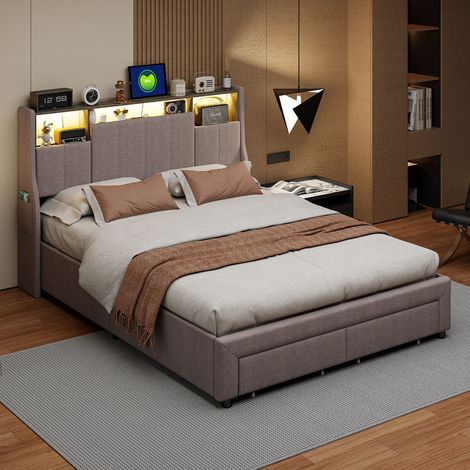 Lit Coffre 160x200 cm , avec Tiroirs, Espace de Rangement et Éclairage LED Ambiant, en Tissu Gris (1/5)