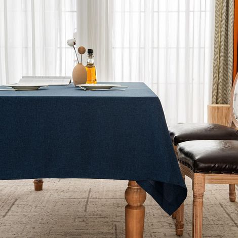 Nappe Bleu Foncé 145x300 cm Aspect Lin, imperméable, facile d'entretien