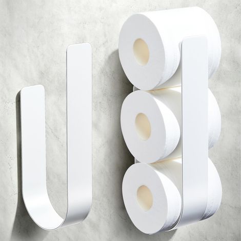 2 Porte Papier Toilette, Rangement Support Papier Toilette Mural pour 3 Rouleaux, Porte Papier WC sans Percage, Blanc (1/5)