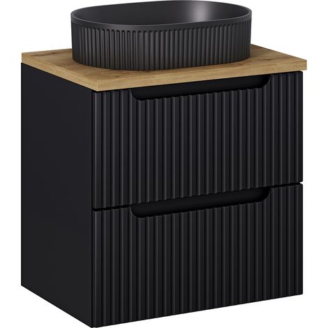 Waschtisch 60cm, in schwarz mit Eiche, gerillte Front, NEWPORT-56-BLACK (1/5)