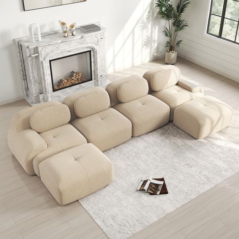 Canapé Modulaire U 4 Places en Velours Côtelé,Base Anti-Dérapant,Repose-pieds amovibles,Accoudoirs XL,Ergonomique 32D hautement élastique,Beige