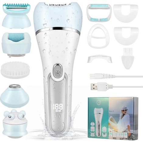 Electric epilator for women,  6 in 1,  facial epilator,  cordless,  rechargeable,  LED screen,  wet and dry with exfoliating brush,  cleaning brush,  massage head (blue)