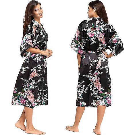 Langer Damen-Kimono aus weichem, luxuriösem Seidensatin, ideal für die Nacht – XL – Schwarz