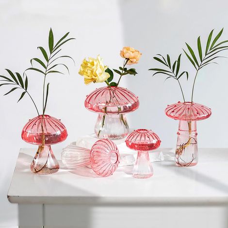 Petit Vase en Verre: Champignons Décoratif Mignon, Soliflore Lot de 5 Rose - Fiole pour Une Rose, Centre de Table, Décoration Maison (1/5)