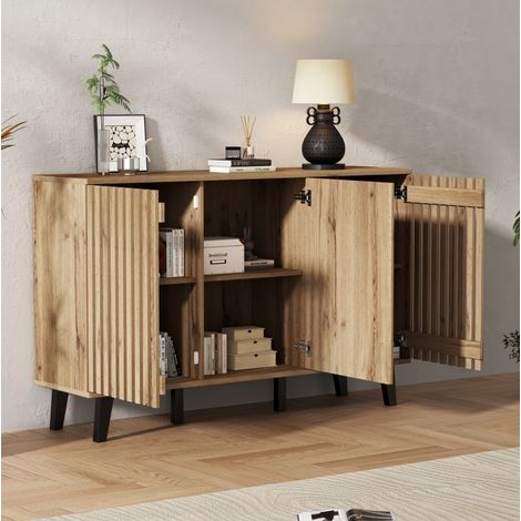 REDOM - Buffet 150x40x95 cm, 3 portes, 6 compartiments de rangement, grand volume, panneaux de particules, bois naturel (1/5)