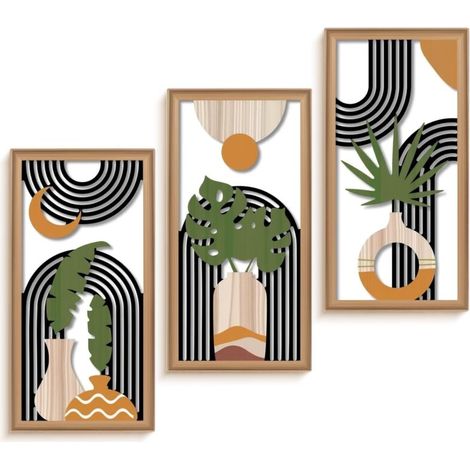 3 Pièces Décoration Murale Bohème en Bois, Décoration Murale Moderne en Bois Art Mural Abstrait Moderne, avec Motifs Feuille, pour Salon, Chambre, Entrée, Galerie (30 15 0.5cm)