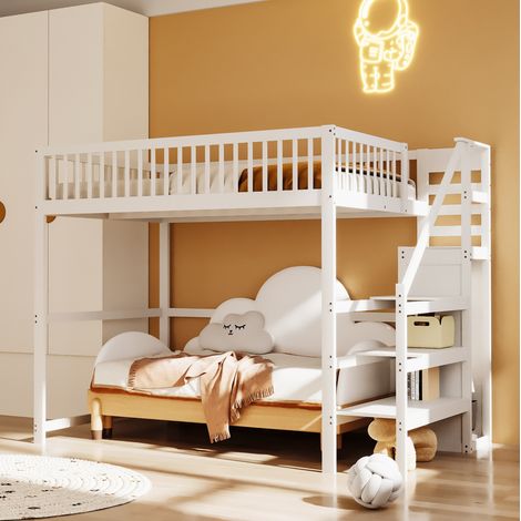 Cama alta infantil 140x200 cm con escalera y almacenaje, blanca, sin colchón FloraGrace (1/5)