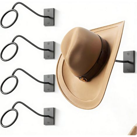 Porte-Chapeau Murale - Support Métallique pour Chapeau de Cowboy - 4 Pièces - Pour Chapeaux à Large Bord - Fixation Murale Compacte (1/5)