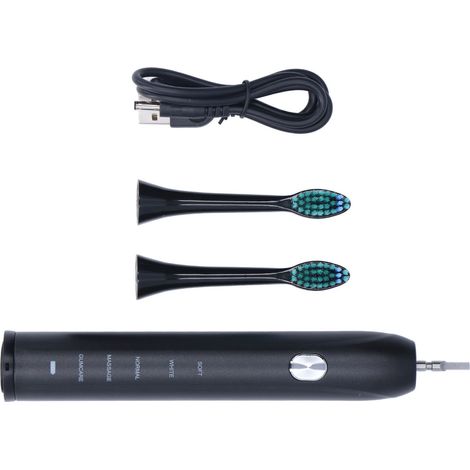 Elektrische Zahnbürste für Erwachsene, weich, schwarz, USB-Ladefunktion, 5 Reinigungsmodi, wasserdicht, aufhellende Ultraschallzahnbürste mit 2 Bürstenköpfen (1/5)