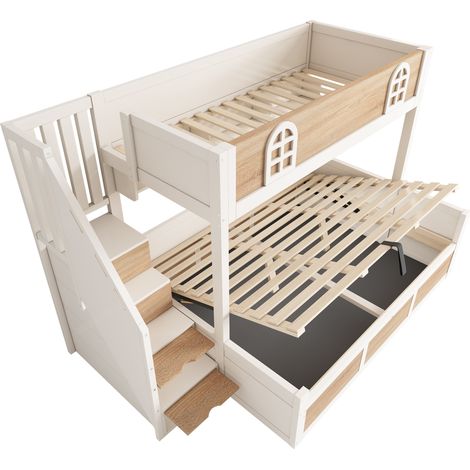 Kinder-Etagenbett 90x200 und 140x200 cm aus Holz mit Treppenschrank, Weiß Natur, MODENUIT (1/5)