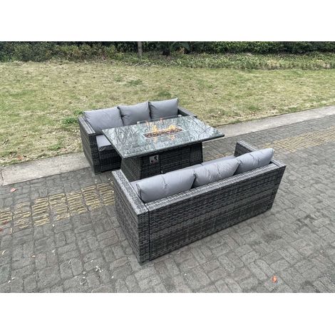 Fimous 6 Seater Outdoor PE Rattan Garden Furniture Gas Fire Pit Dining Table Set Lounge Sofa Three Seater Sofa Dark Grey Mixed Patio (1/4)
