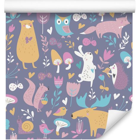Precioso papel pintado de animales del bosque para salón y dormitorio, 50x1000 cm. (1/5)