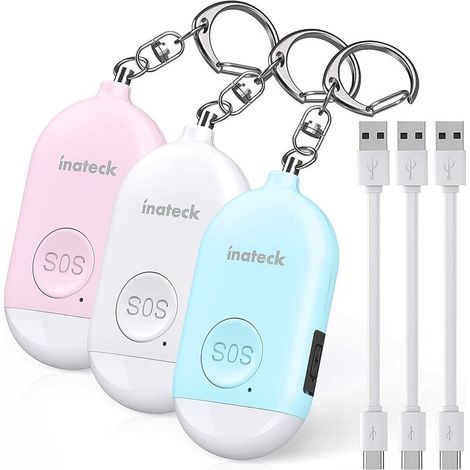 Alarme de poche anti-agression porte-clés rechargeable avec lumière LED pour femmes, hommes, enfants et personnes âgées, 130DB, paquet de 3, PA1001