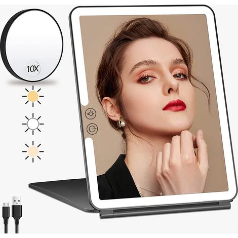 Kosmetikspiegel mit 10-facher Vergrößerung, Beleuchtung, 1500-mAh-USB-wiederaufladbarer LED-Lampe, Touchscreen-Reisespiegel (Schwarz)