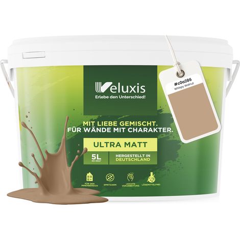 Peinture murale beige brun doré mate pour intérieur – Pouvoir couvrant classe 1, sans COV, sans apprêt, anti-gouttes – Salon et chambre – 5 L – Veluxis (Whispy Walnut)