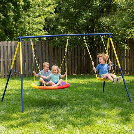 Kinderschaukel mit Doppelschaukeln, verstellbaren Seilen, Stahlrahmen, für Kinder von 3-8 Jahren, mehrfarbig