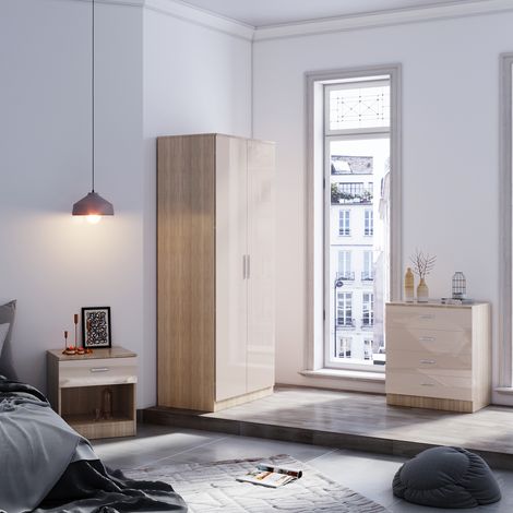 ELEGANT 3 Piece Bedroom Furniture Sets, 2 Door Soft Hinge Wardrobe, 4 Drawer Chest of Drawers, Beside Cabinet, Cream/Oak (1/5)