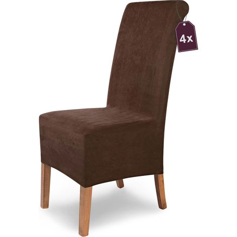 Housse de Chaise Extensible « Leon » en Velours - Lot de 4 / Marron / Housse de Chaise en Daim élastique Extensible avec Bande élastique (1/5)