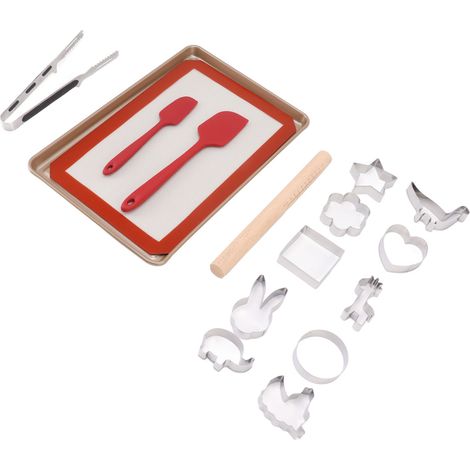 Ensemble d'emporte-pièces en acier au carbone, comprenant un moule à biscuits, un tapis de cuisson, un rouleau à pâtisserie, une spatule et une pince. (1/5)