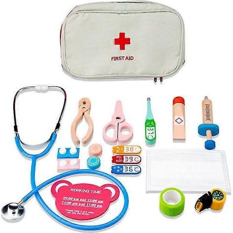 Trousse de premiers secours en bois factice pour enfants, jouet éducatif pour jouer au docteur. (1/5)