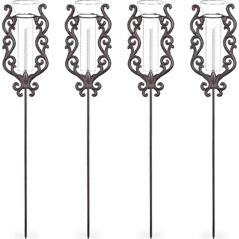 Set of 4 Relaxdays Rain Gauges Vintage, With Stake, Precipitation Measurement. Antique, 12 cm, 5”, Metal, Bronze