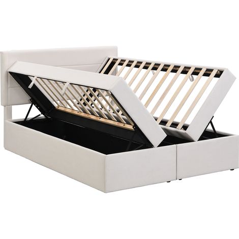 Lit coffre 140x200 beige, lit double avec sommier à lattes en métal, grand espace de rangement avec ouverture des deux côtés, revêtement lin. (1/5)