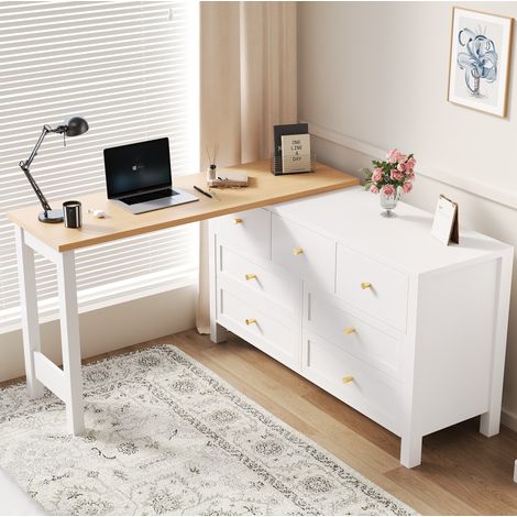 Scrivania girevole 120 x 40 x 70 cm con 7 cassetti, bianco e legno naturale HAVRYA (1/5)
