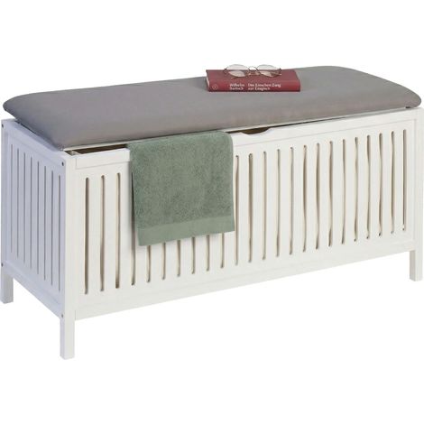 Relaxdays cesto ropa con asiento, nogal, tapa acolchada, 50 x 100 x 38 cm, taburete de baño con almacenaje, blanco/gris