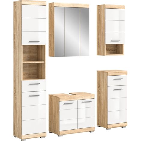 Set di mobili da bagno RIDLEY - Mobiletti sotto lavabo, mobile con specchio, colonna e mezze colonne - Bianco e rovere