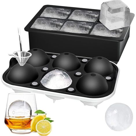 Lot de 2 bacs à glaçons sphériques avec couvercle et grande machine à glaçons carrés pour whisky, cocktails et faits maison pour garder les boissons fraîches Noir