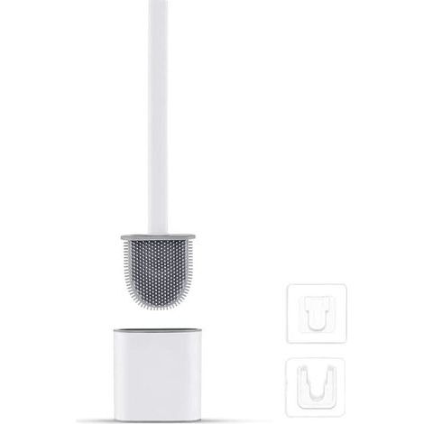 Brosse WC Plate en Silicone - Brosse WC et Supports, Anti-goutte, Antibactérien, Brosse WC ventilée, Séchage Rapide Inodore, Brosse WC Fixation Mur/Sol, Salle de Bains et WC Blanc (1/4)